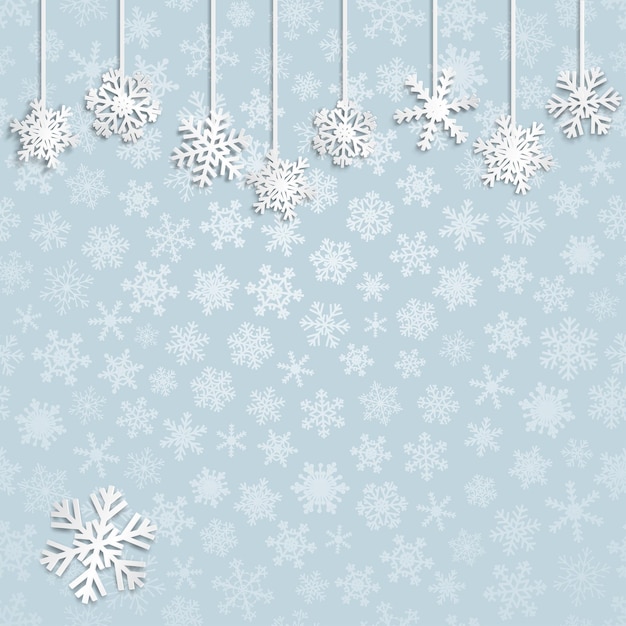 Ilustración navideña con copos de nieve colgantes blancos sobre fondo azul claro