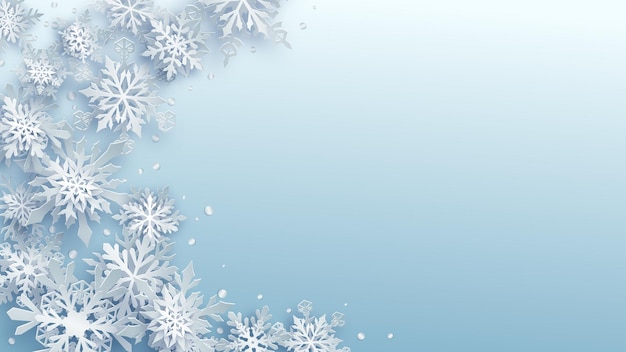 Ilustración navideña de copos de nieve de papel complejos blancos con sombras suaves sobre fondo azul claro