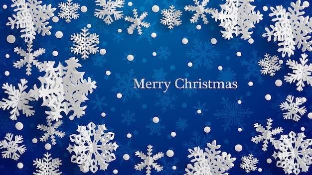 Ilustración navideña con copos de nieve de papel tridimensional blanco sobre fondo azul.