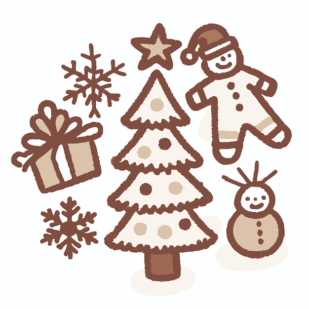 Ilustración navideña dibujada a mano con un árbol, hombres de nieve, copos de nieve y un regalo.