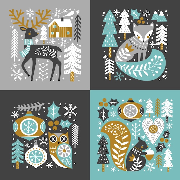 Ilustración navideña escandinava con lindos animales del bosque, árboles y copos de nieve