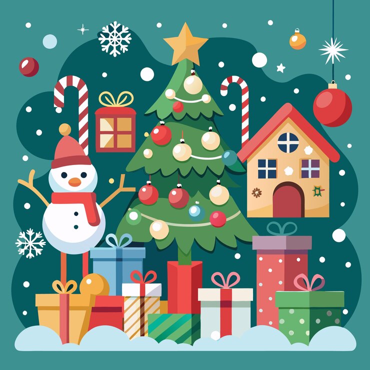 Vector una ilustración navideña festiva con un árbol de navidad decorado presenta un muñeco de nieve, bastones de caramelo, una casa de pan de jengibre y copos de nieve.