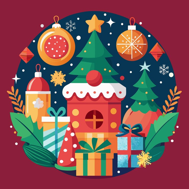 Vector una ilustración navideña festiva con regalos de adornos de árbol de navidad y una casa de pan de jengibre