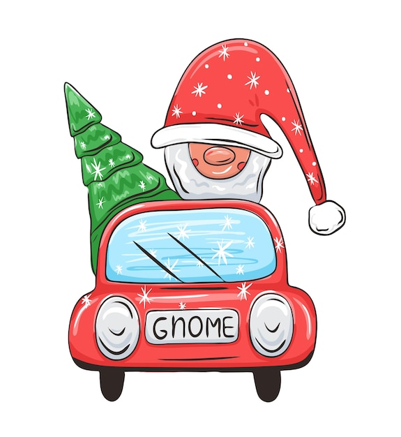 Ilustración navideña con gnomo con sombrero de santa conduciendo en camión
