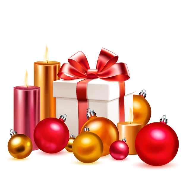 Ilustración navideña con una gran caja de regalo con cintas y un arco, varias velas encendidas y una bola de Navidad sobre fondo blanco.