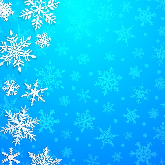 Ilustración navideña con grandes copos de nieve blancos con sombras sobre fondo azul claro