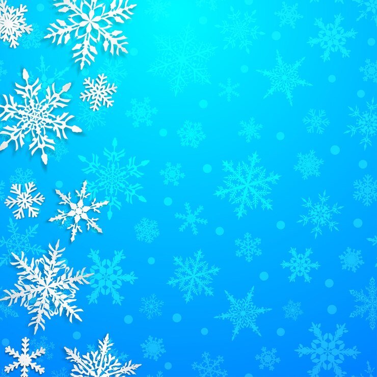 Vector ilustración navideña con grandes copos de nieve blancos con sombras sobre fondo azul claro