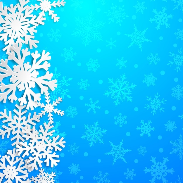 Ilustración navideña con grandes copos de nieve blancos con sombras sobre fondo azul claro