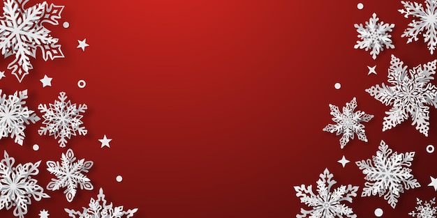 Ilustración navideña con hermosos copos de nieve blancos complejos con sombras suaves sobre fondo rojo
