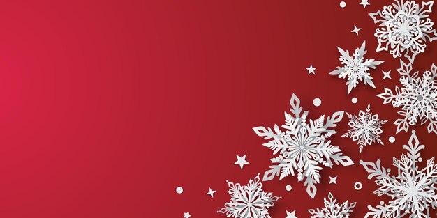 Ilustración navideña con hermosos copos de nieve blancos complejos con sombras suaves sobre fondo rojo