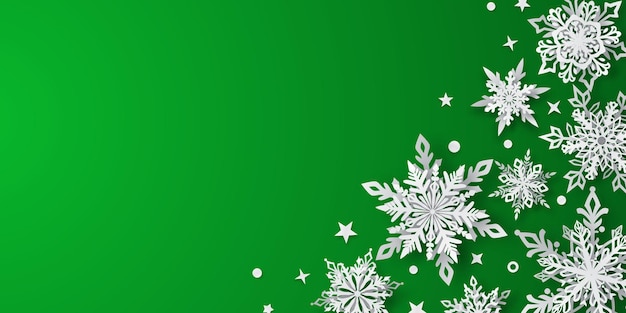Ilustración navideña con hermosos copos de nieve blancos complejos con sombras suaves sobre fondo verde