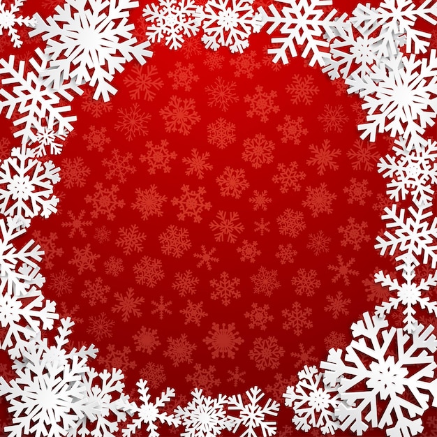 Ilustración navideña con marco circular de copos de nieve blancos sobre fondo rojo