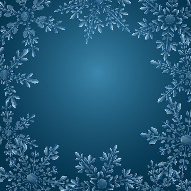 Ilustración navideña con marco de grandes copos de nieve translúcidos complejos sobre fondo azul claro Transparencia solo en formato vectorial