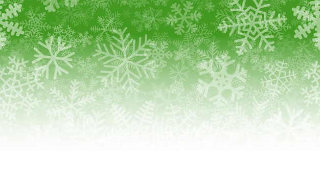 Ilustración navideña de muchas capas de copos de nieve de diferentes formas, tamaños y transparencia Sobre fondo degradado de verde a blanco