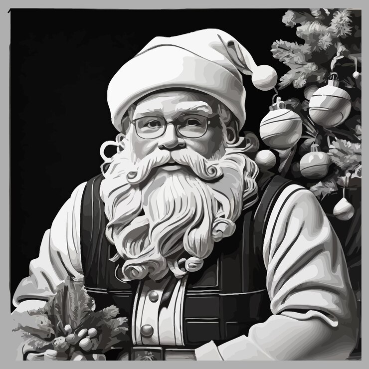 Ilustración navideña de Papá Noel en blanco y negro