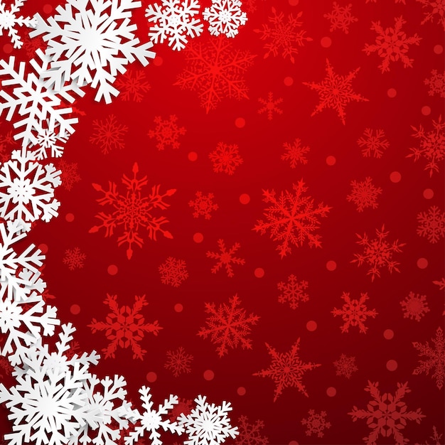 Ilustración navideña con semicírculo de grandes copos de nieve blancos con sombras sobre fondo rojo