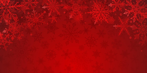 Ilustración navideña en tonos rojos con intrincados copos de nieve de diferentes tamaños y diseños dispuestos en la parte superior con siluetas oscuras apenas perceptibles de copos de Nieve en el fondo