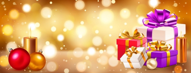 Ilustración navideña con varias cajas de regalo de colores con cintas y lazos, velas encendidas y bolas navideñas sobre un fondo borroso con efecto bokeh en colores dorados