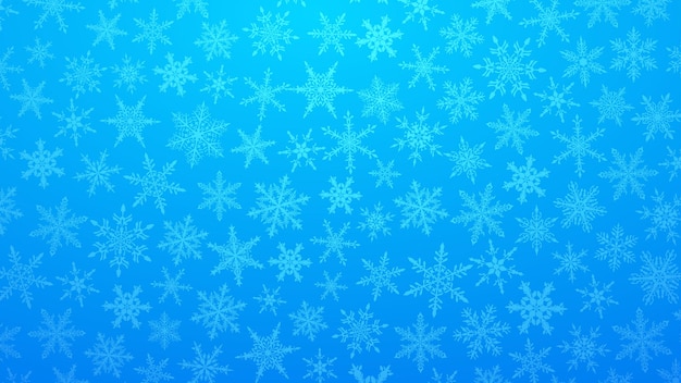 Ilustración navideña con varios copos de nieve pequeños sobre fondo degradado en colores azul claro