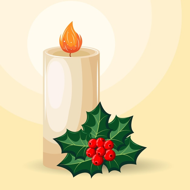 Ilustración navideña, velas encendidas, acebo y bayas rojas. postal, fondo, vector
