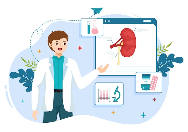Ilustración de nefrólogo con tratar el órgano de los riñones en plantillas planas dibujadas a mano de dibujos animados