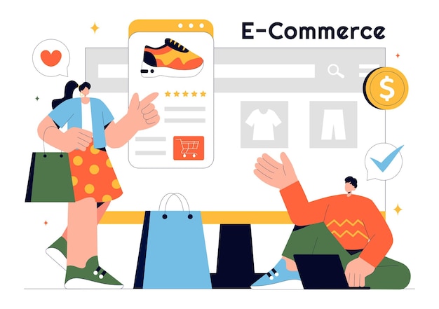 Ilustración de negocios de comercio electrónico con el proceso de transacciones de compra y venta en línea Ofertas promocionales Clasificaciones y comentarios de los clientes