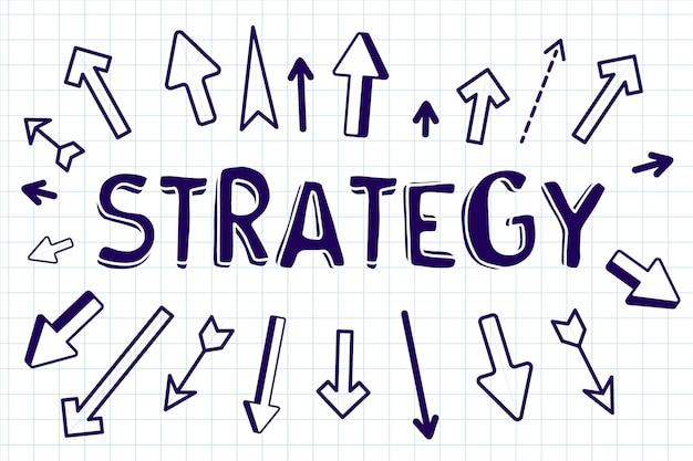 Ilustración de negocios creativos con estrategia de palabras y flechas diferentes