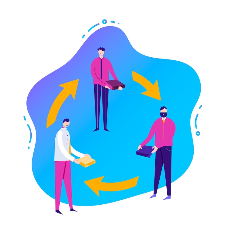 Vector ilustración de negocios, personajes estilizados. compartiendo el concepto de economía, banner. ilustración con fondo líquido. los hombres comparten recursos, colaboración empresarial