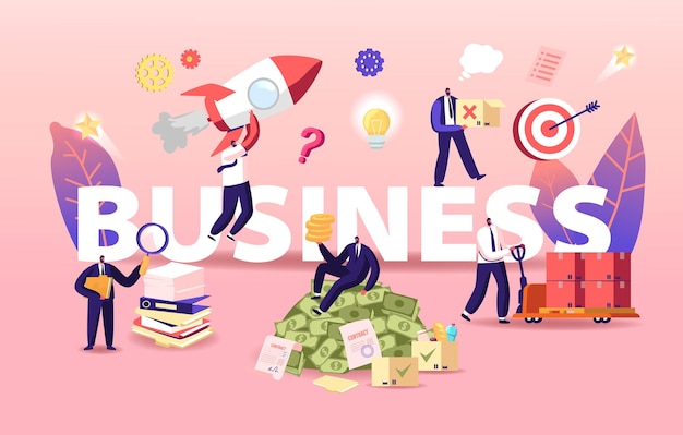 Ilustración de negocios. Los personajes de hombres de negocios lanzan una puesta en marcha, trabajan con documentos y ganan mucho dinero