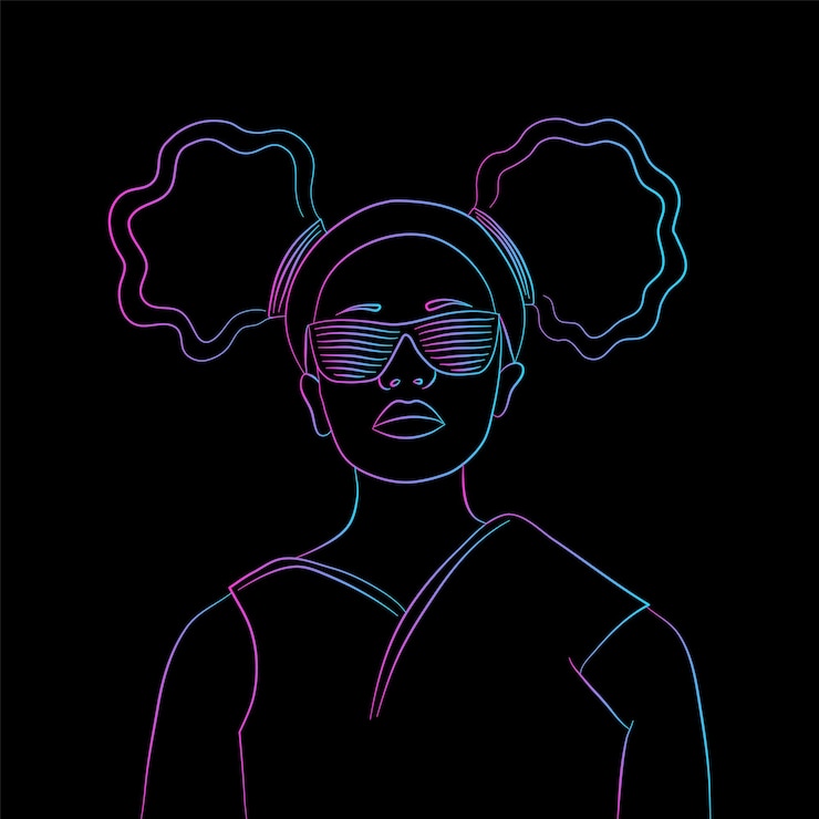 Vector ilustración de neón de una chica afro con gafas