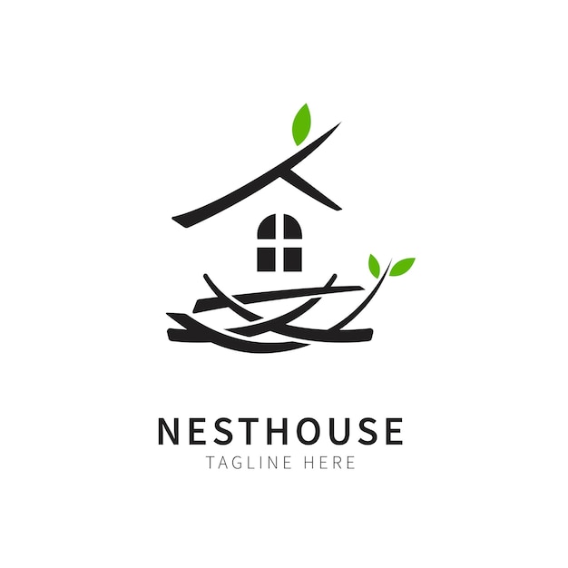 Ilustración de nido con logotipo de símbolo de pajarera de casa y hoja vector