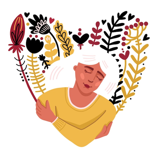 Ilustración de una niña abrazándose a sí misma en el contexto de un corazón de flores