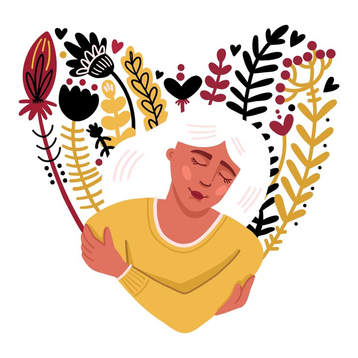 Vector ilustración de una niña abrazándose a sí misma en el contexto de un corazón de flores