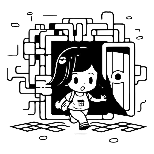 Vector ilustración de una niña abriendo una puerta en un chip digital