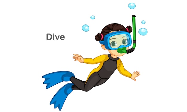 Vector ilustración de niña de buceo