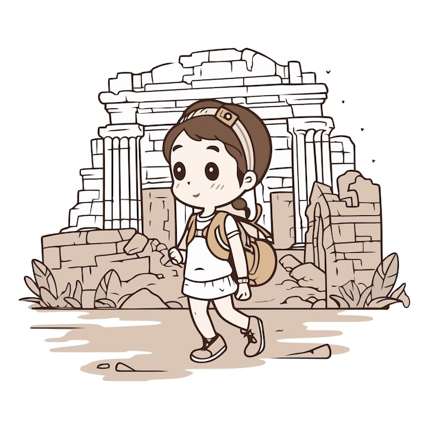 Ilustración de una niña caminando por la antigua ciudad de atenas