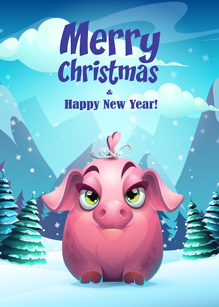 Ilustración niña cerdo tarjeta de felicitación Feliz Navidad