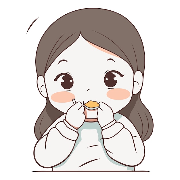 Vector ilustración de una niña comiendo un pedazo de pastel con los ojos cerrados