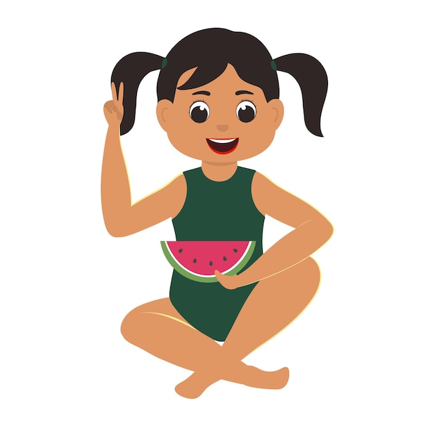 Ilustración de niña comiendo sandía en pose sentada