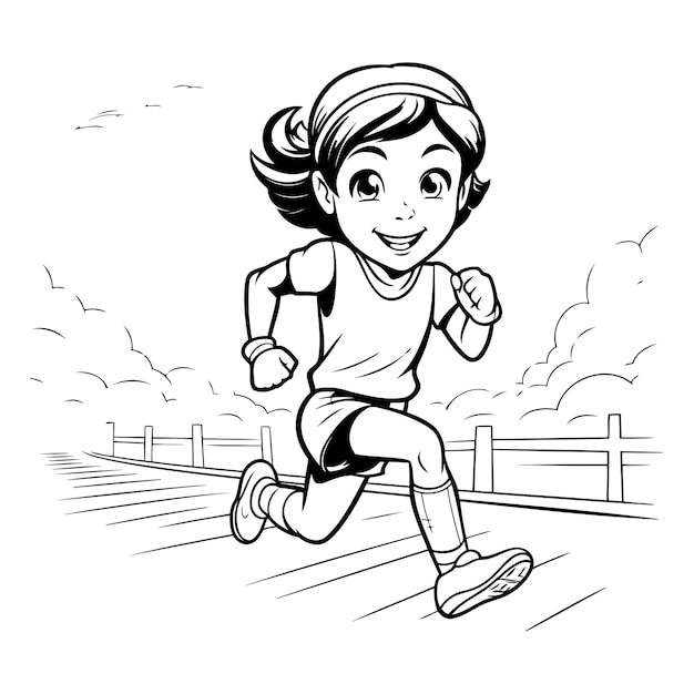 Ilustración de una niña corriendo en el campo estilo de dibujos animados en blanco y negro