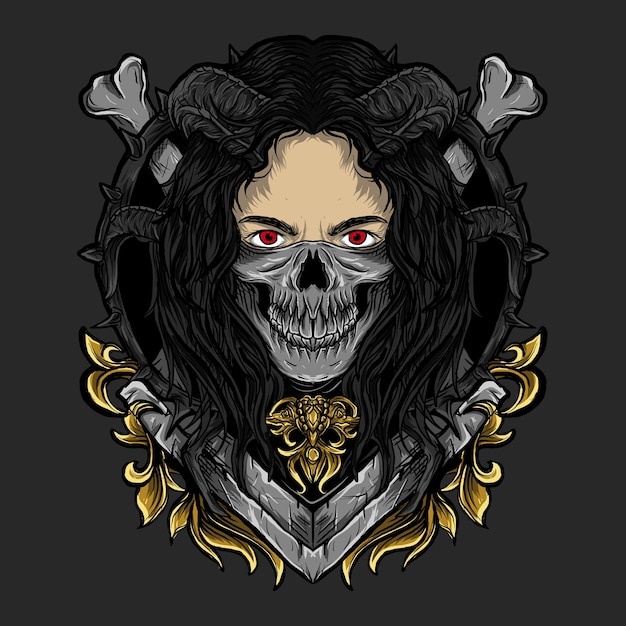 ilustración, niña, cráneo, máscara, grabado, ornamento