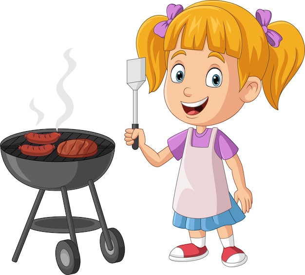 Ilustración de una niña de dibujos animados haciendo comida en la parrilla