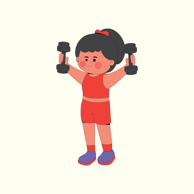 Ilustración de una niña de dibujos animados levantando pesas