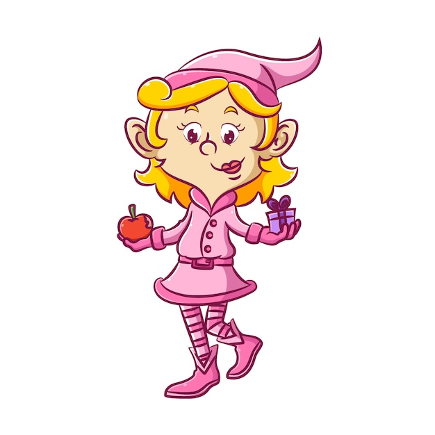 La ilustración de la niña elfa con el vestido rosa sostiene el regalo y las manzanas rojas para su amiga