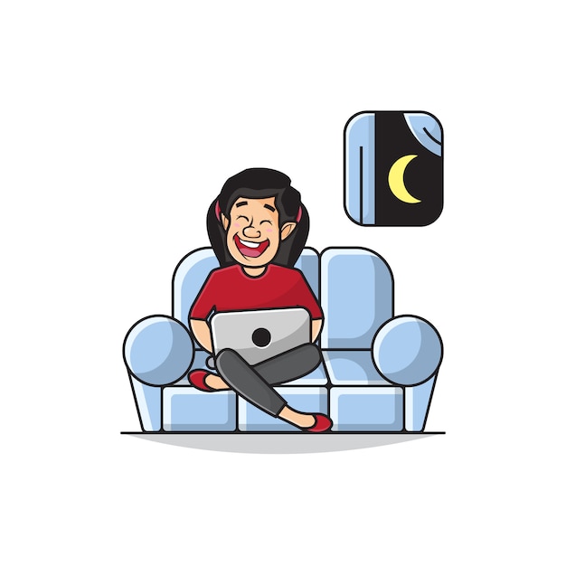 Ilustración de la niña estaba trabajando con su computadora portátil en el sofá hasta tarde en la noche.