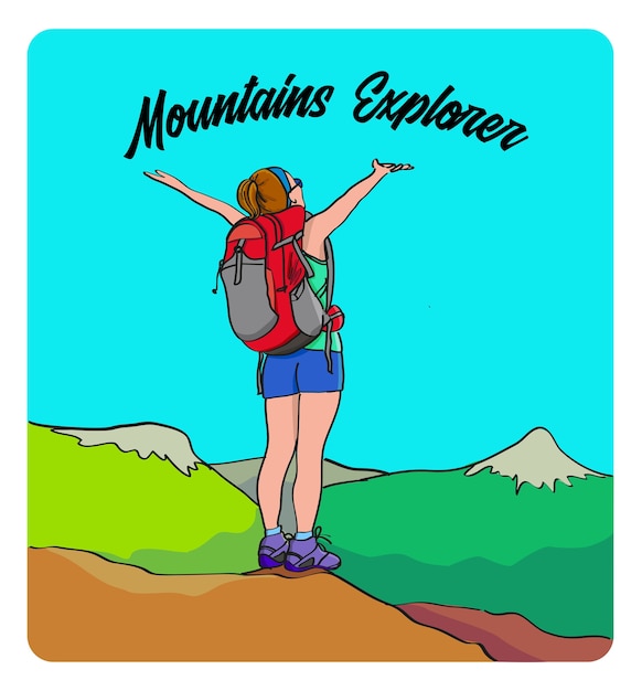 Ilustración de niña explorando las montañas del explorador