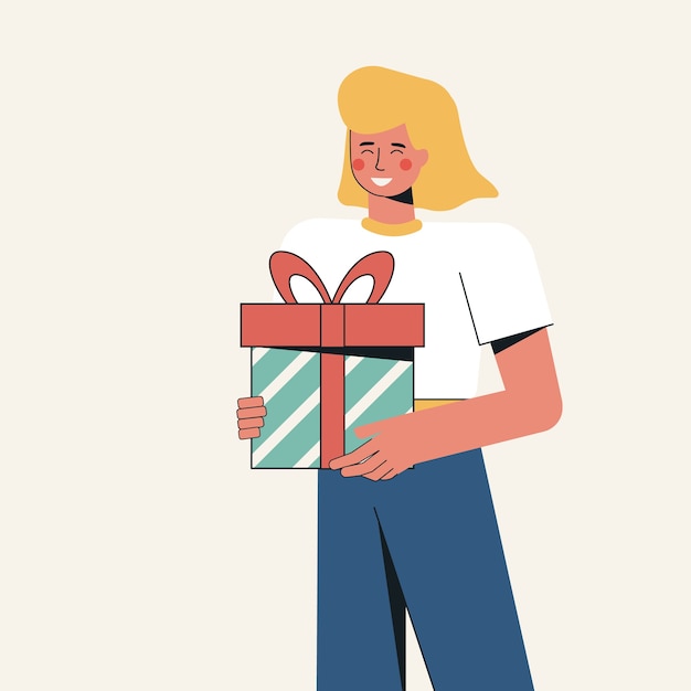 Ilustración de una niña feliz con un regalo en sus manos.