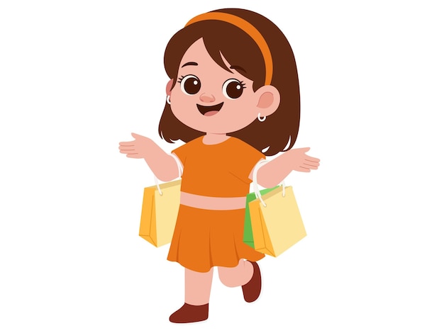 Ilustración de una niña feliz sosteniendo una bolsa de compras