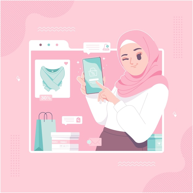 Ilustración de niña hijab islámico concepto de tienda en línea