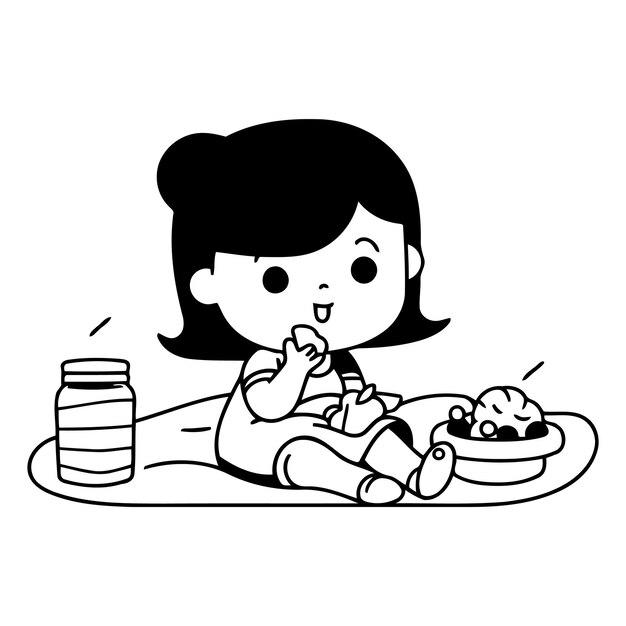 Vector ilustración de una niña jugando con su comida en casa